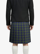 Person wearing a black jacket and plaid kilt on a white background
