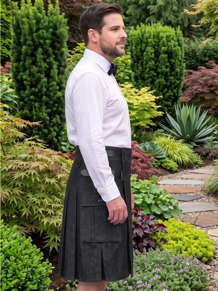 Kilt utility nero in denim da uomo su misura