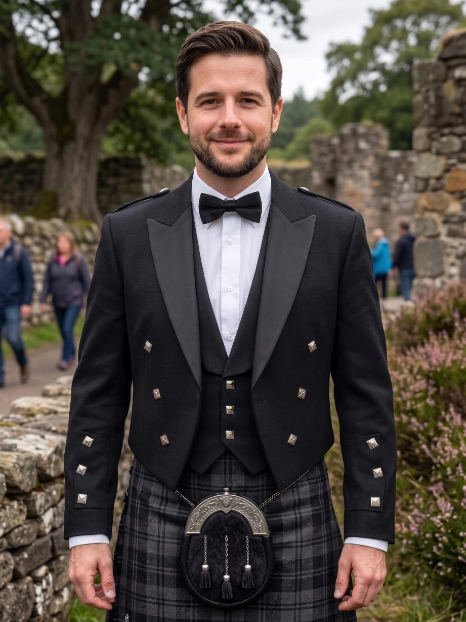 Giacca Kilt Prince Charlie Nera con Revers in Raso e Bottoni Quadrati Argento