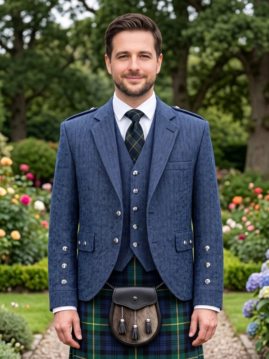 Giacca Kilt Argyle in Tweed Blu con Gilet
