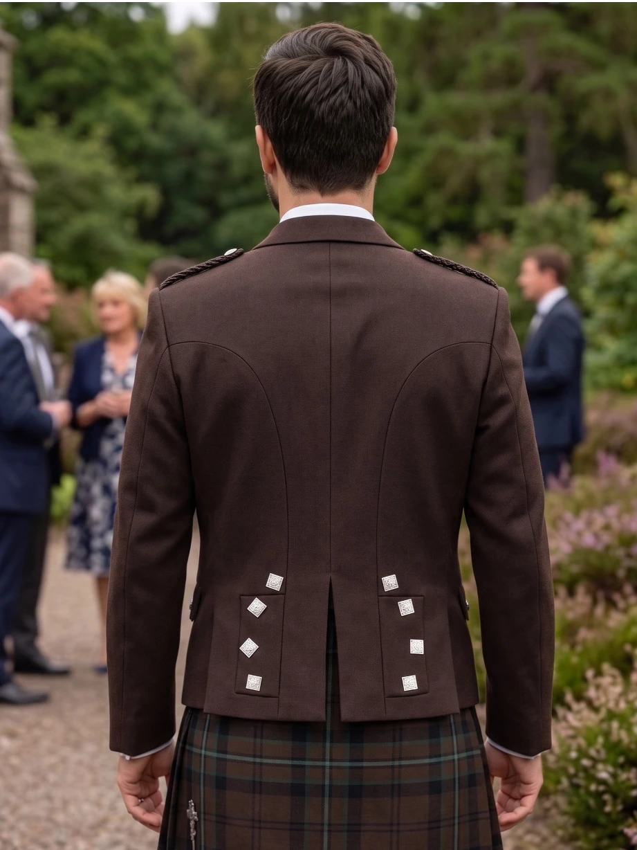 Giacca Kilt Prince Charlie Marrone con Risvolti in Raso e Bottoni Quadrati Argento