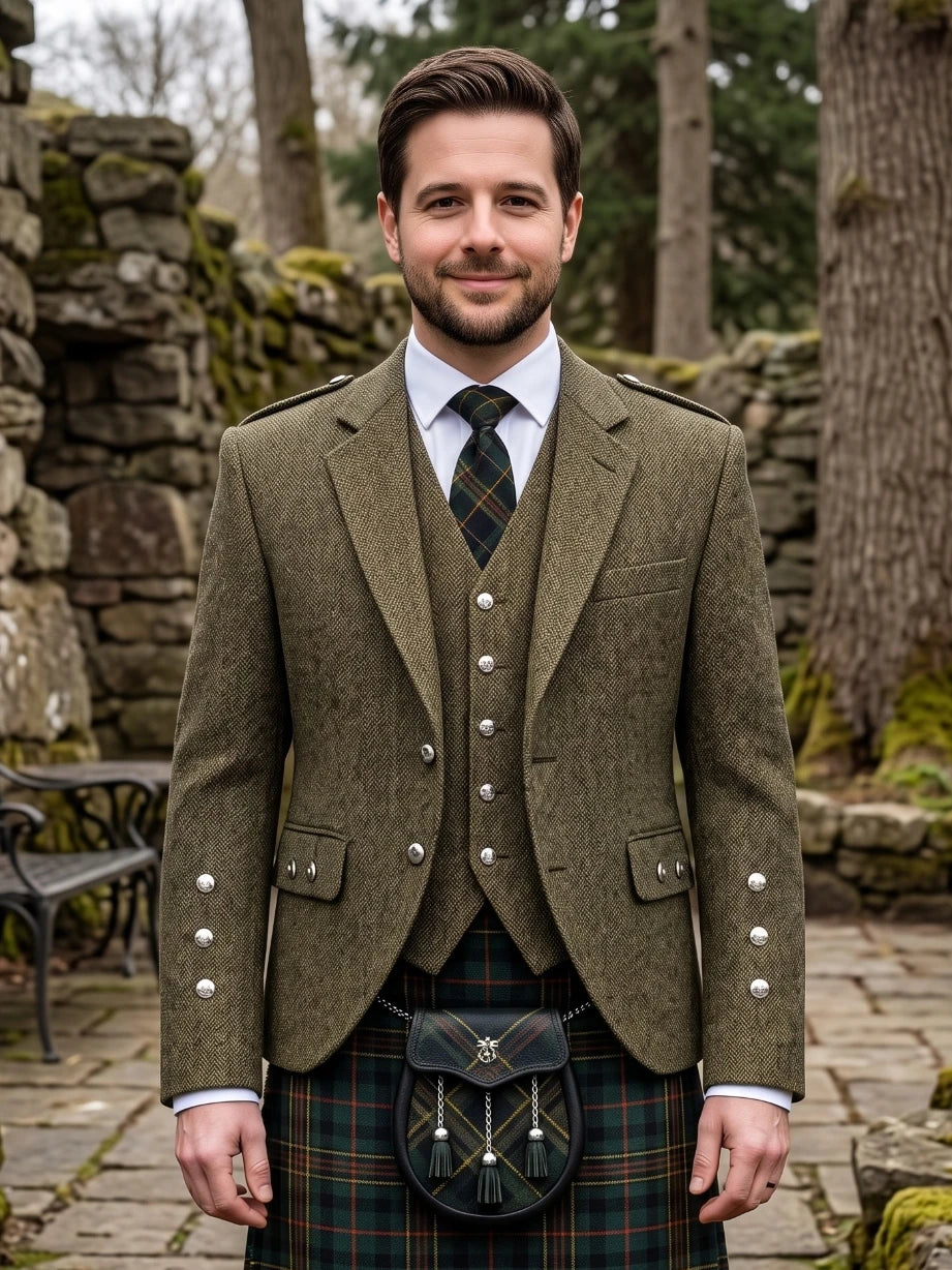 Giacca Argyle in Tweed Verde Oliva Scuro