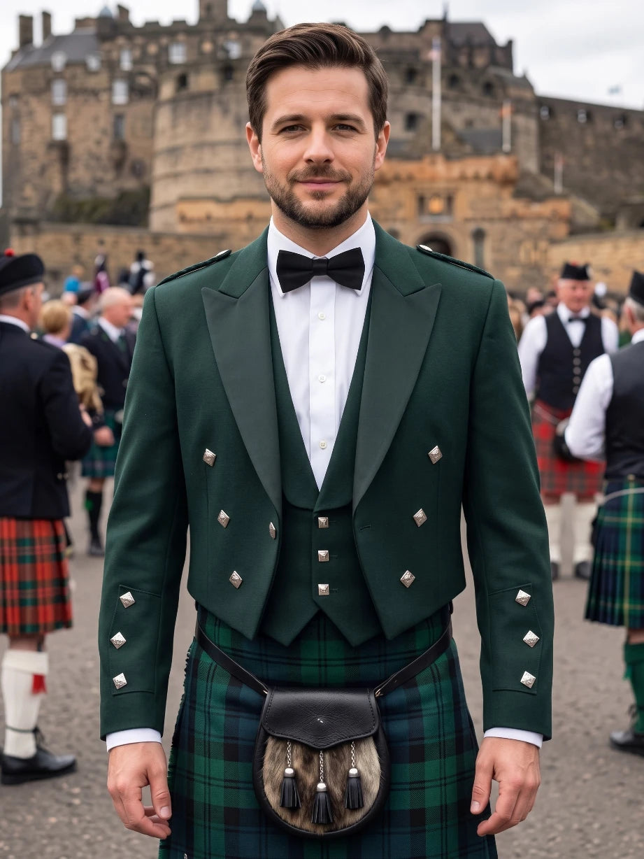 Giacca Kilt Prince Charlie Verde Foresta con Risvolti in Raso e Bottoni Quadrati Argento