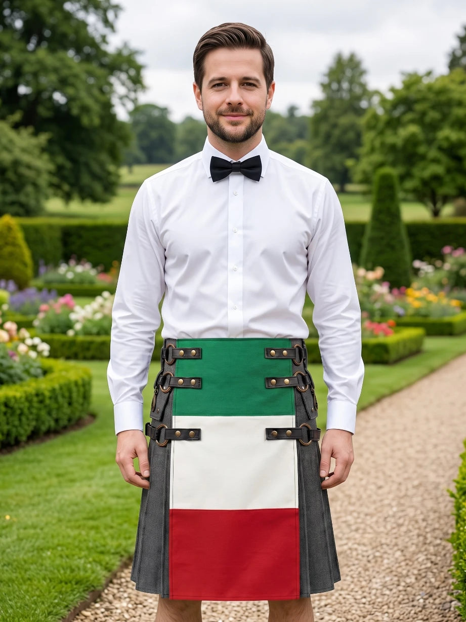 Kilt nero in denim con bandiera italiana su misura con cinghie in pelle