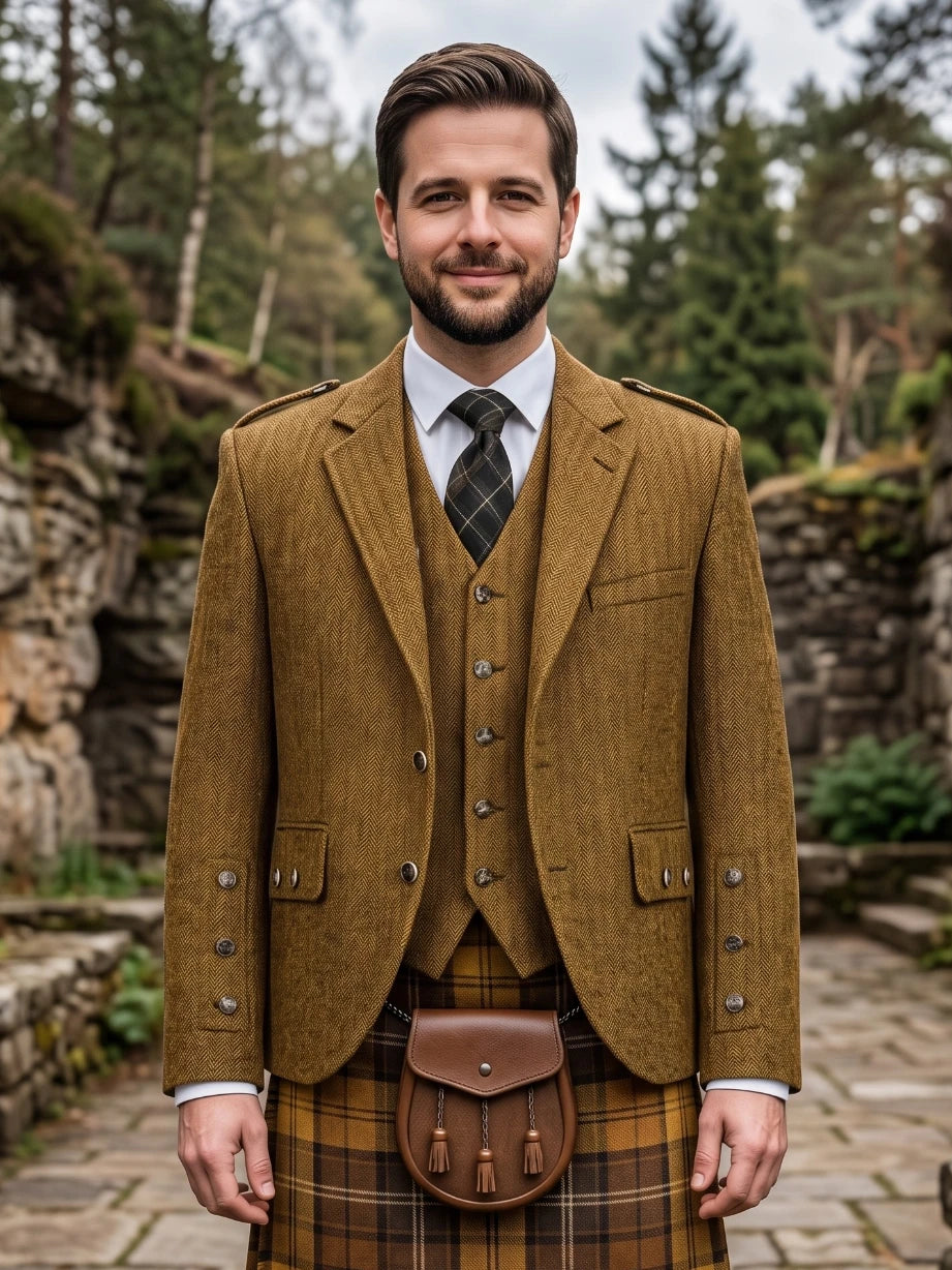 Giacca Kilt Argyle in Tweed Giallo Senape con Gilet