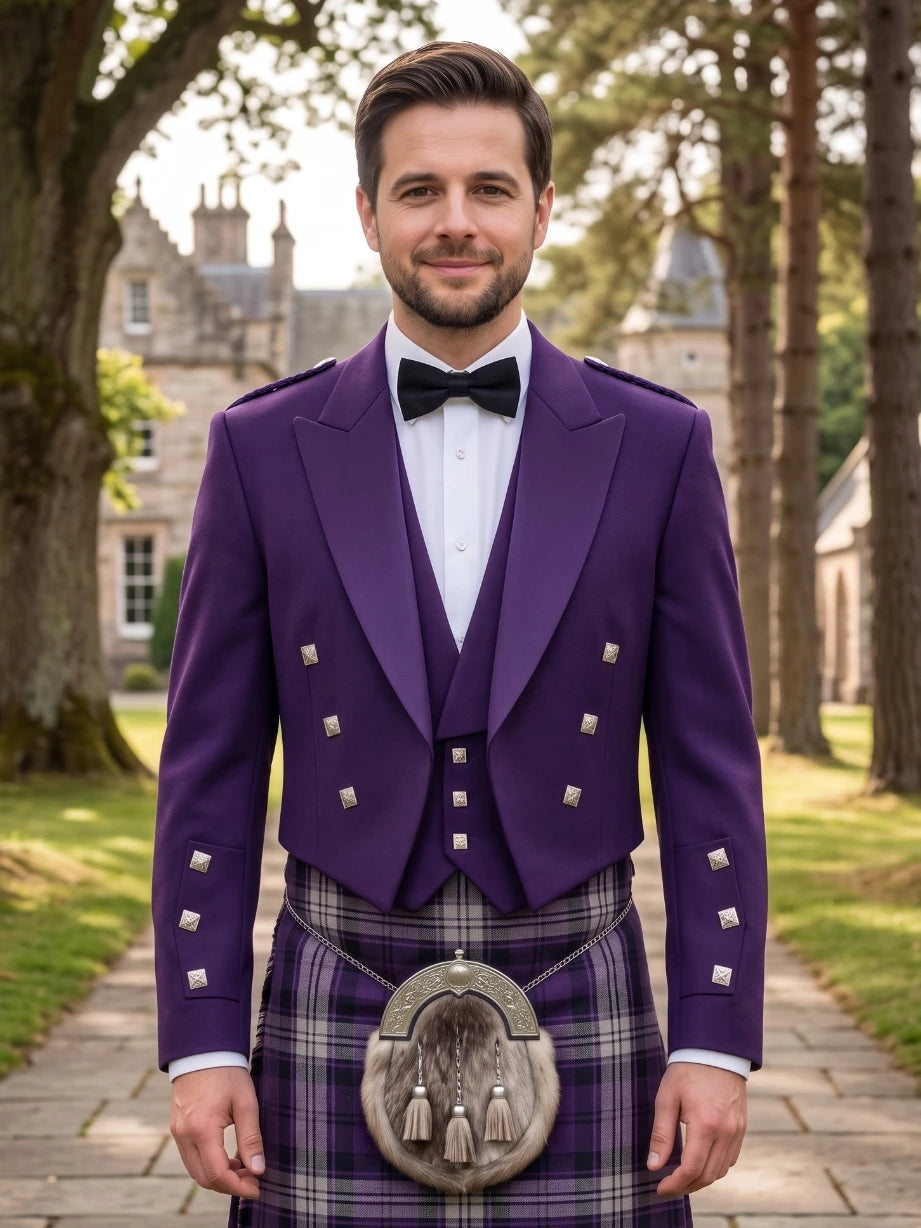 Giacca Kilt Prince Charlie Viola con Rever in Satin e Bottoni Quadrati Argentati