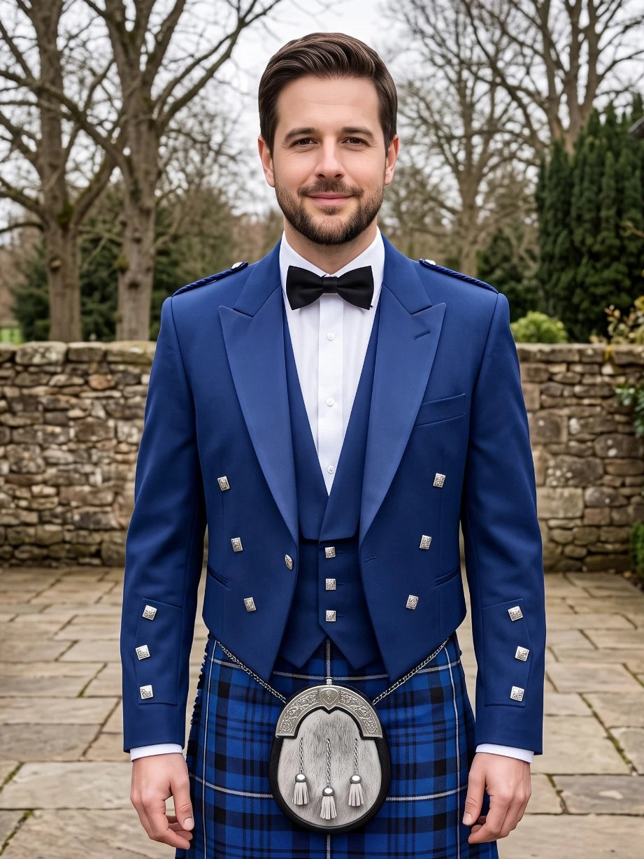 Giacca Kilt Prince Charlie Blu Reale con Rever in Satin e Bottoni Quadrati Argentati