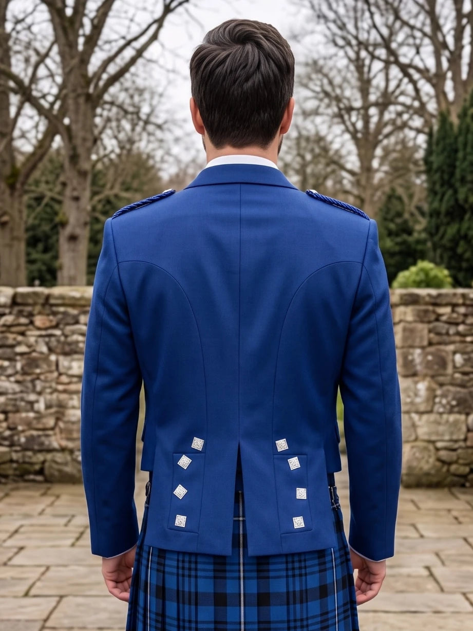 Giacca Kilt Prince Charlie Blu Reale con Rever in Satin e Bottoni Quadrati Argentati