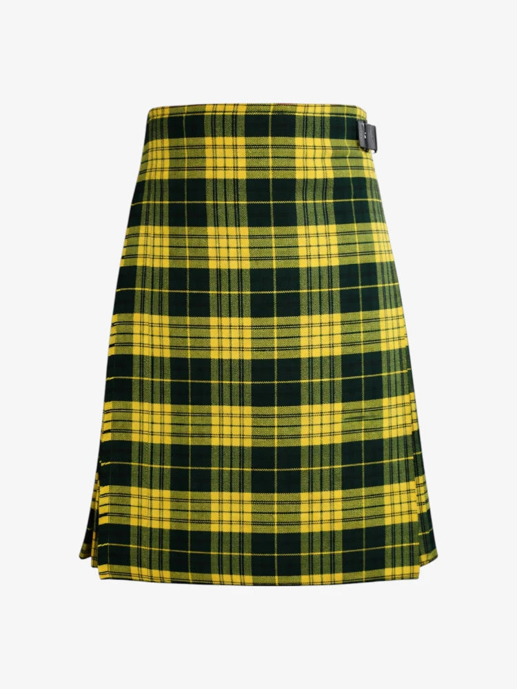 Green and yellow plaid kilt on a white background