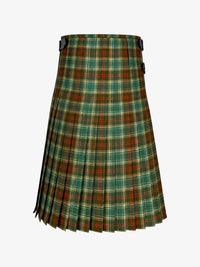 Plaid kilt with a green and brown pattern on a white background