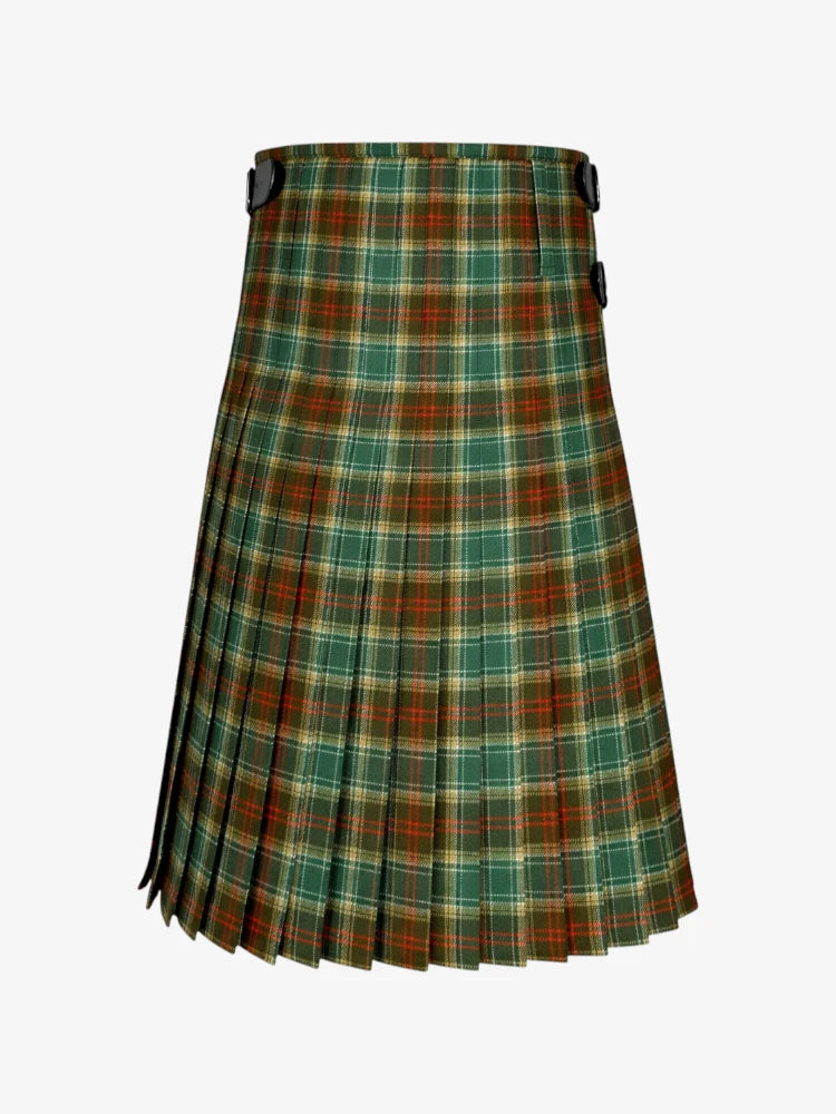 Plaid kilt with a green and brown pattern on a white background