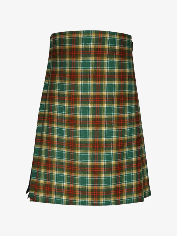 Plaid kilt with green, red, and beige pattern on a white background