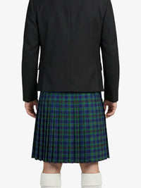 Person wearing a black jacket and green plaid kilt on a white background