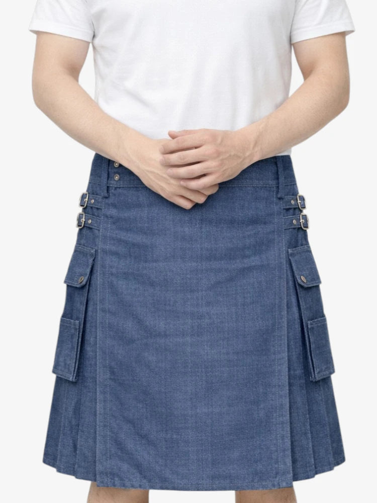 Gonna Scozzese in Denim Blu Navy Moderno