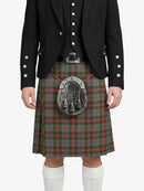 Person wearing a black jacket and red plaid kilt with a silver sporran on a white background