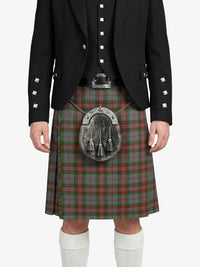 Person wearing a black jacket and red plaid kilt with a silver sporran on a white background