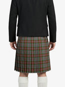 Person wearing a black jacket and plaid kilt on a white background