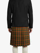Person wearing a black jacket and plaid kilt on a white background