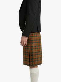 Person wearing a black jacket and a plaid kilt on a white background