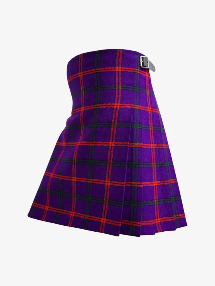 Purple plaid kilt with a silver buckle on a white background