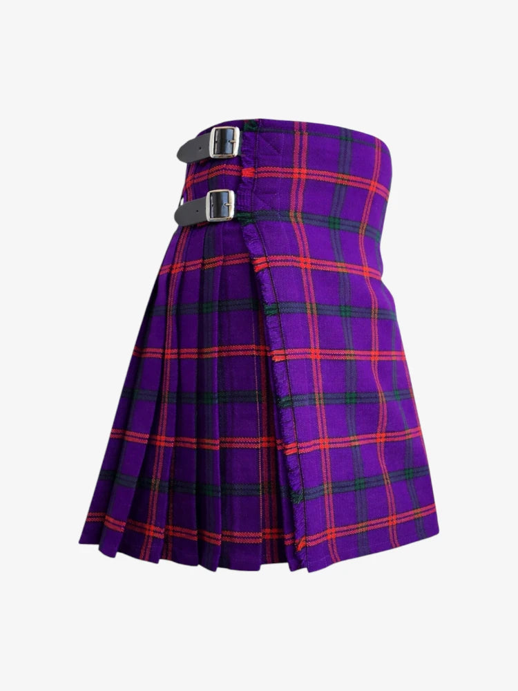 Purple plaid kilt with a belt on a white background