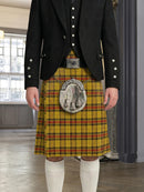 Person wearing a yellow plaid kilt with a black jacket indoors.