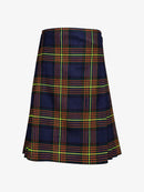 Plaid kilt with blue, green, and orange pattern on a white background