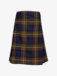 Plaid kilt with blue, green, and orange pattern on a white background