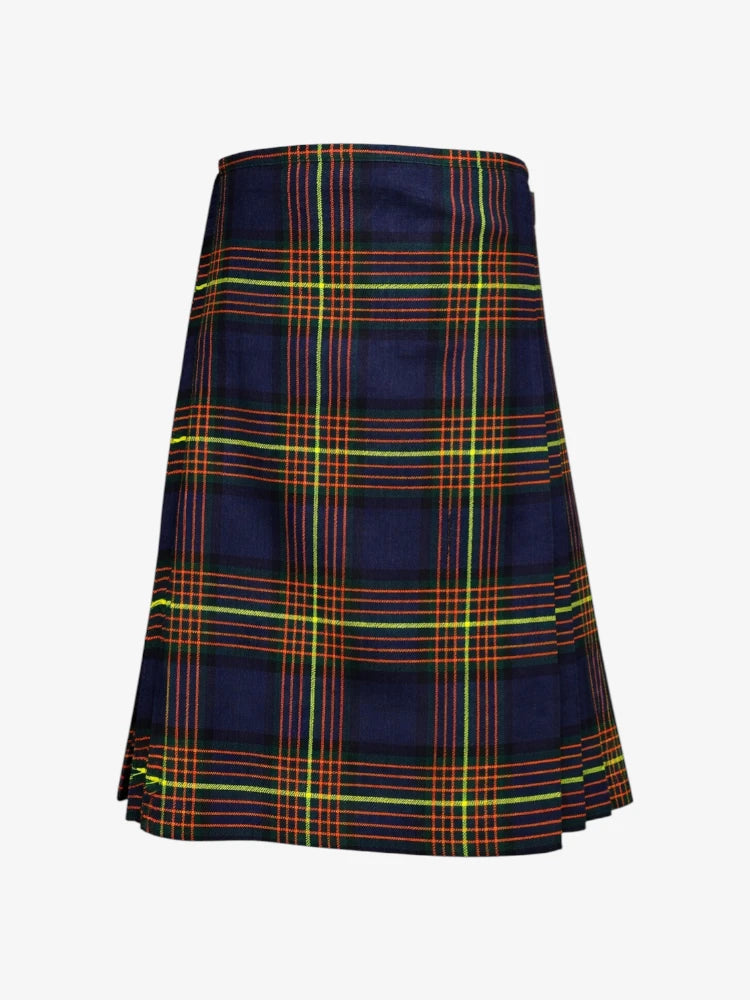 Plaid kilt with blue, green, and orange pattern on a white background