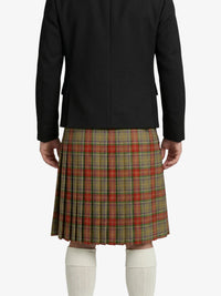 Person wearing a black jacket and plaid kilts on a white background
