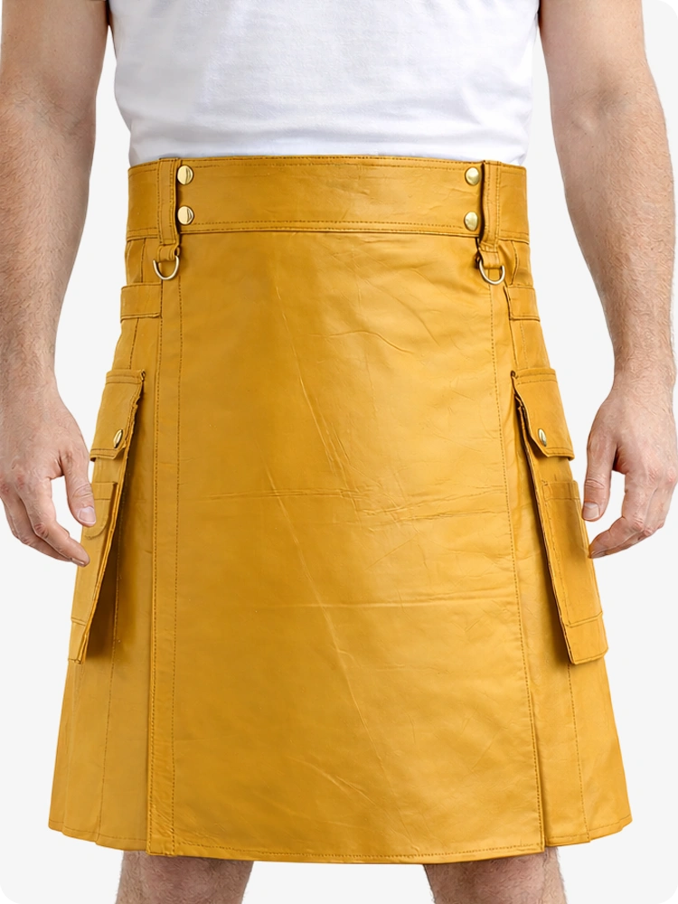 Mustard Yellow Genuine Leather Utility Kilt with Cargo Pockets & D-Rings