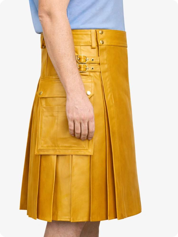 Mustard Yellow Genuine Leather Utility Kilt with Side Pockets