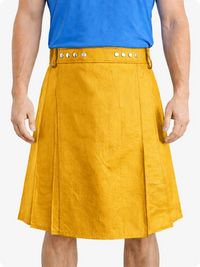 Person wearing a yellow kilt with a blue shirt on a white background