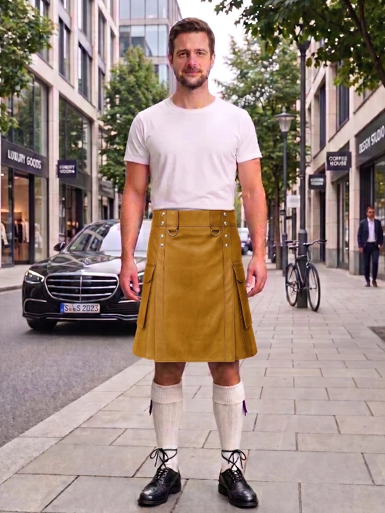 A man stands on a city sidewalk wearing a white crew-neck t-shirt and a mustard yellow corduroy kilt, paired with white knee-high socks and black leather shoes. The background shows a street scene with a black Mercedes-Benz, trees, and storefronts.