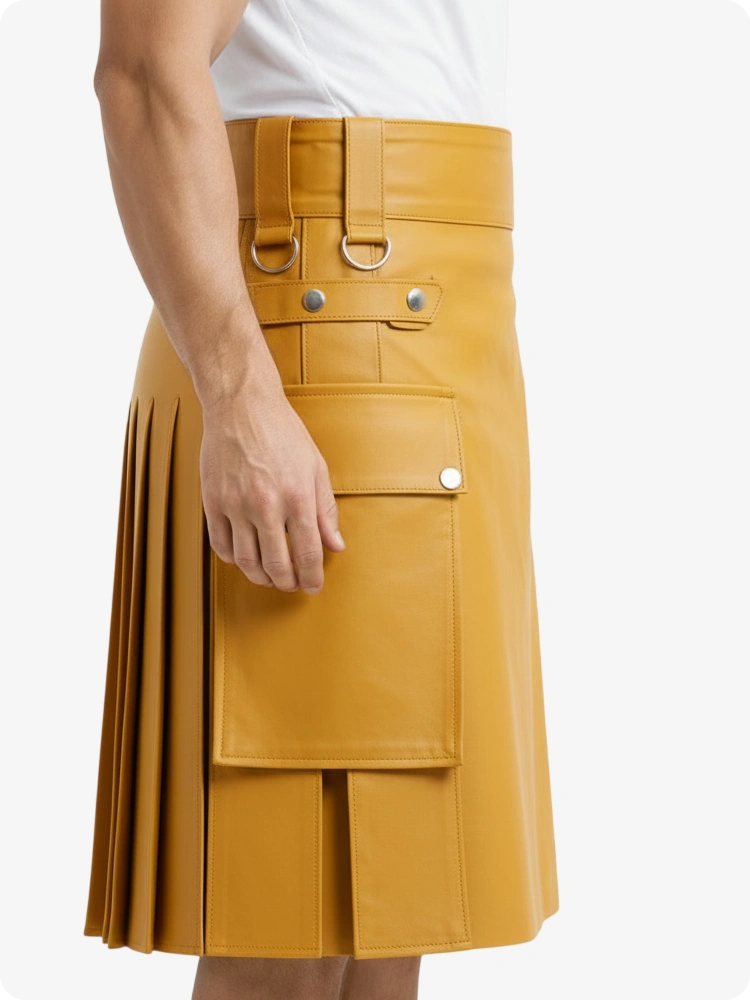 Kilt in pelle giallo senape con tasche cargo