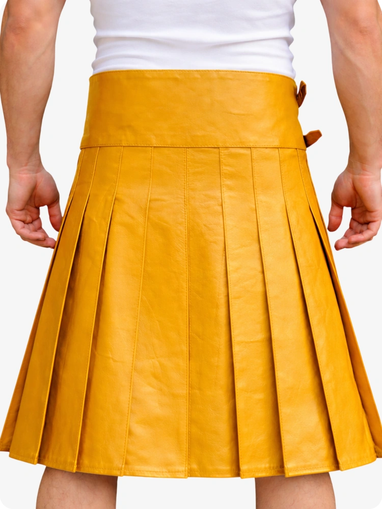 Mustard Yellow Leather Utility Kilt with Front Pocket & Adjustable Buckle Straps