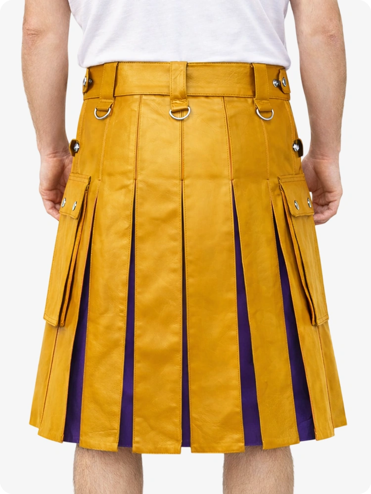 Mustard Yellow Leather Utility Kilt with Purple Pleats, Side Pockets & D-Ring Hardware