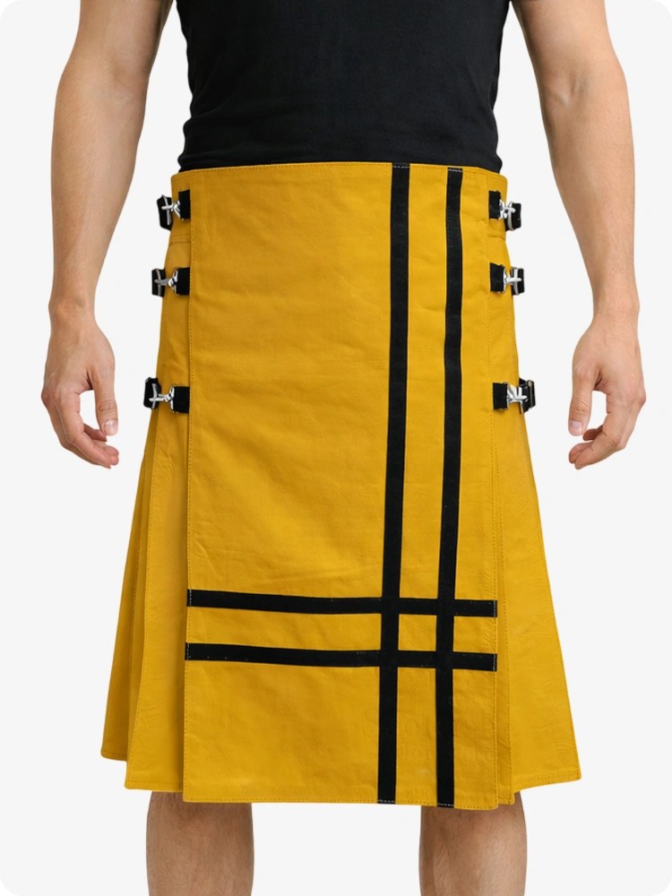 Mustard Yellow Leather Utility Kilt with Side Buckles & Pleated Back
