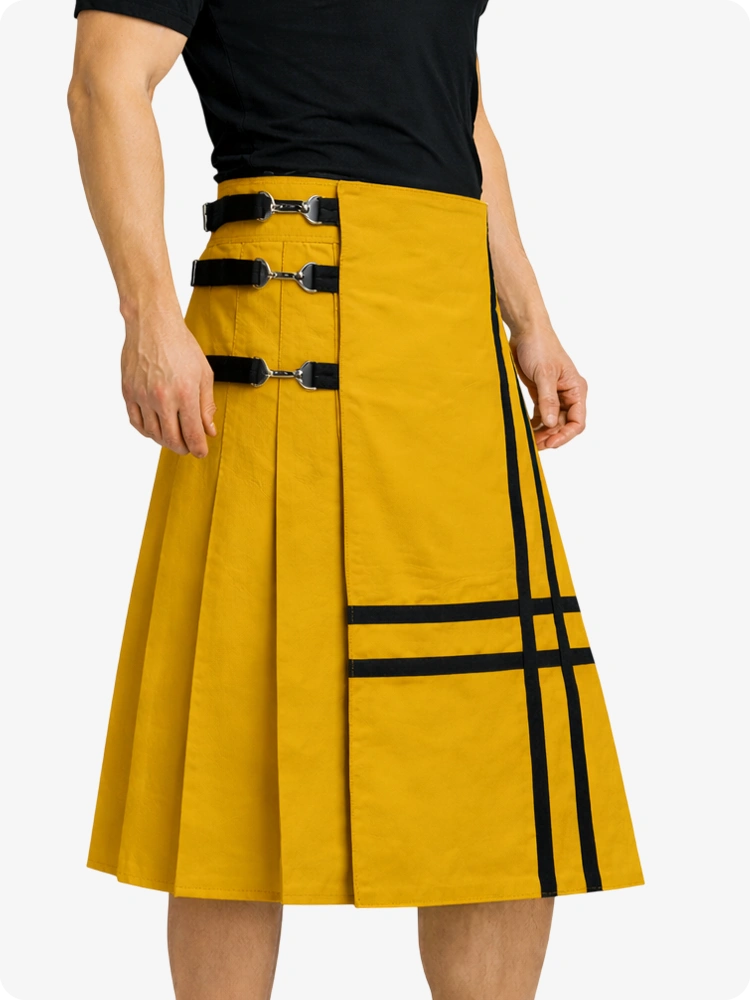 Mustard Yellow Leather Utility Kilt with Side Buckles & Pleated Back