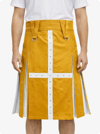 Person wearing a mustard yellow skirt with white accents on a white background