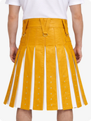 Yellow pleated skirt with white accents worn by a person on a white background