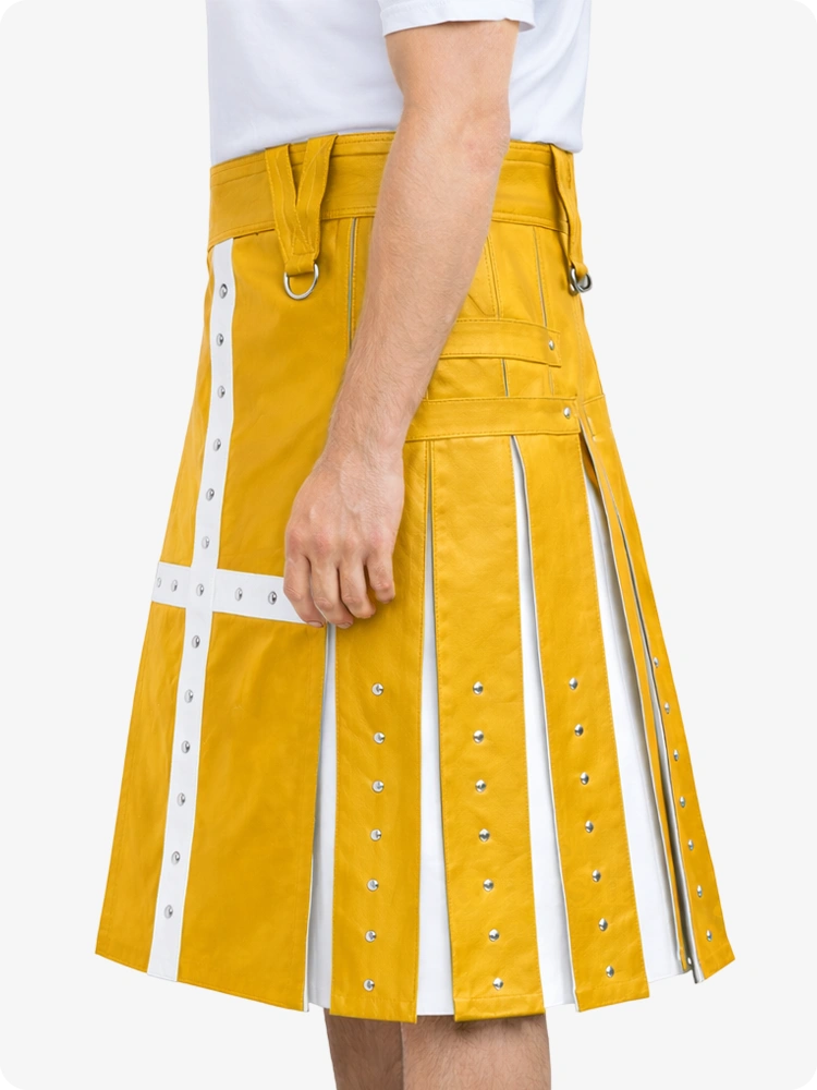Yellow kilt with white accents worn by a person on a white background