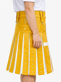 Yellow kilt with white accents worn by a person on a white background