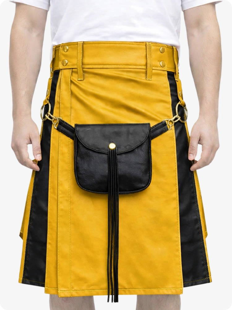 Mustard Yellow Leather Utility Kilt with Black Accents & Detachable Pockets