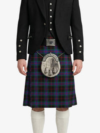 Person wearing a black jacket and tartan kilt on a white background