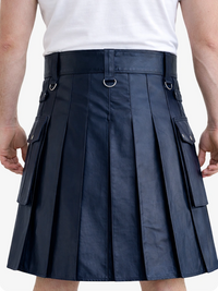 Navy Blue Genuine Leather Utility Kilt with Cargo Pockets & D-Rings