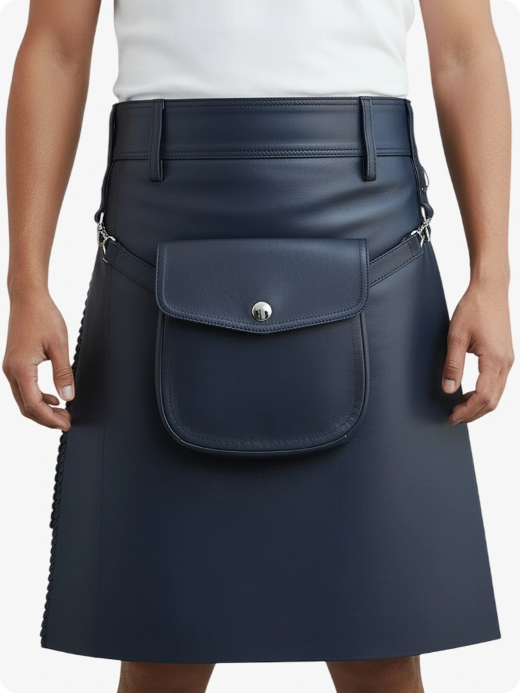 Kilt in pelle pieghettato blu navy con passanti cintura e cinghie laterali