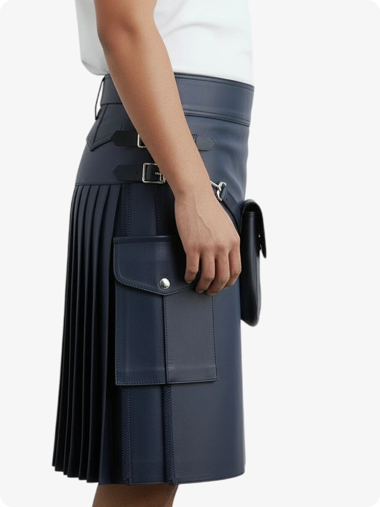 Kilt in pelle pieghettato blu navy con passanti cintura e cinghie laterali