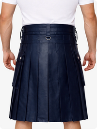 Navy Blue Leather Utility Kilt with Chain Detailing & Adjustable Straps