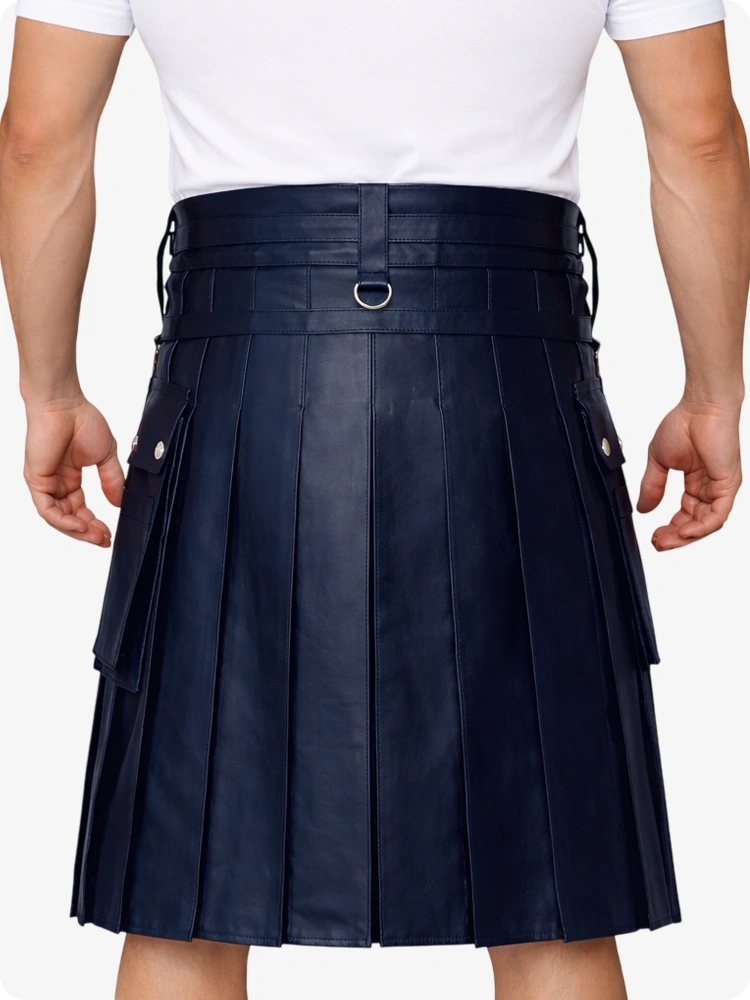 Navy Blue Leather Utility Kilt with Chain Detailing & Adjustable Straps